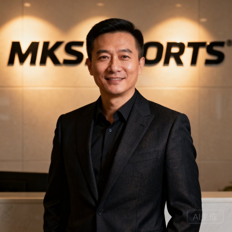 MKSports创始人林振东的半身商务照,穿着深色西装,背景为公司Logo墙,表情自信从容
